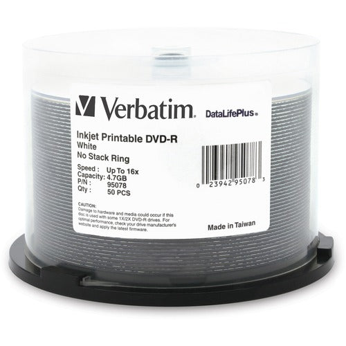 Verbatim DVD-R 4.7GB 16x DataLifePlus White Inkjet Printable 50 Pack Spindle 95078