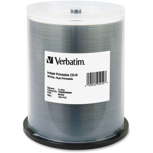 Verbatim CD-R 700MB 52X White Inkjet Printable, Hub Printable - 100pk Spindle 95252